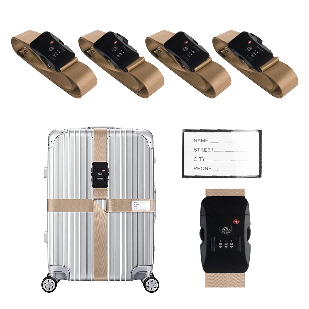 Photo 1 of Veki Cross Luggage Straps Set TSA Approved with Lock Adjustable Travel Suitcase Belts Suitcase Tags with Name ID Card Packing Straps for Suitcases Strap Travel Accessories (Khaki*4pcs)