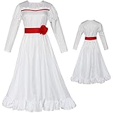 FMMOEK Halloween Scary White Dress Women Horror Movie Party Long Dress Cosplay Costume
