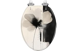 Elongated Toilet Seat Brown Neutral Floral Beige Black Flower Soft Brush Strokes Abstract Slow Close Soft Close Strong Stainl