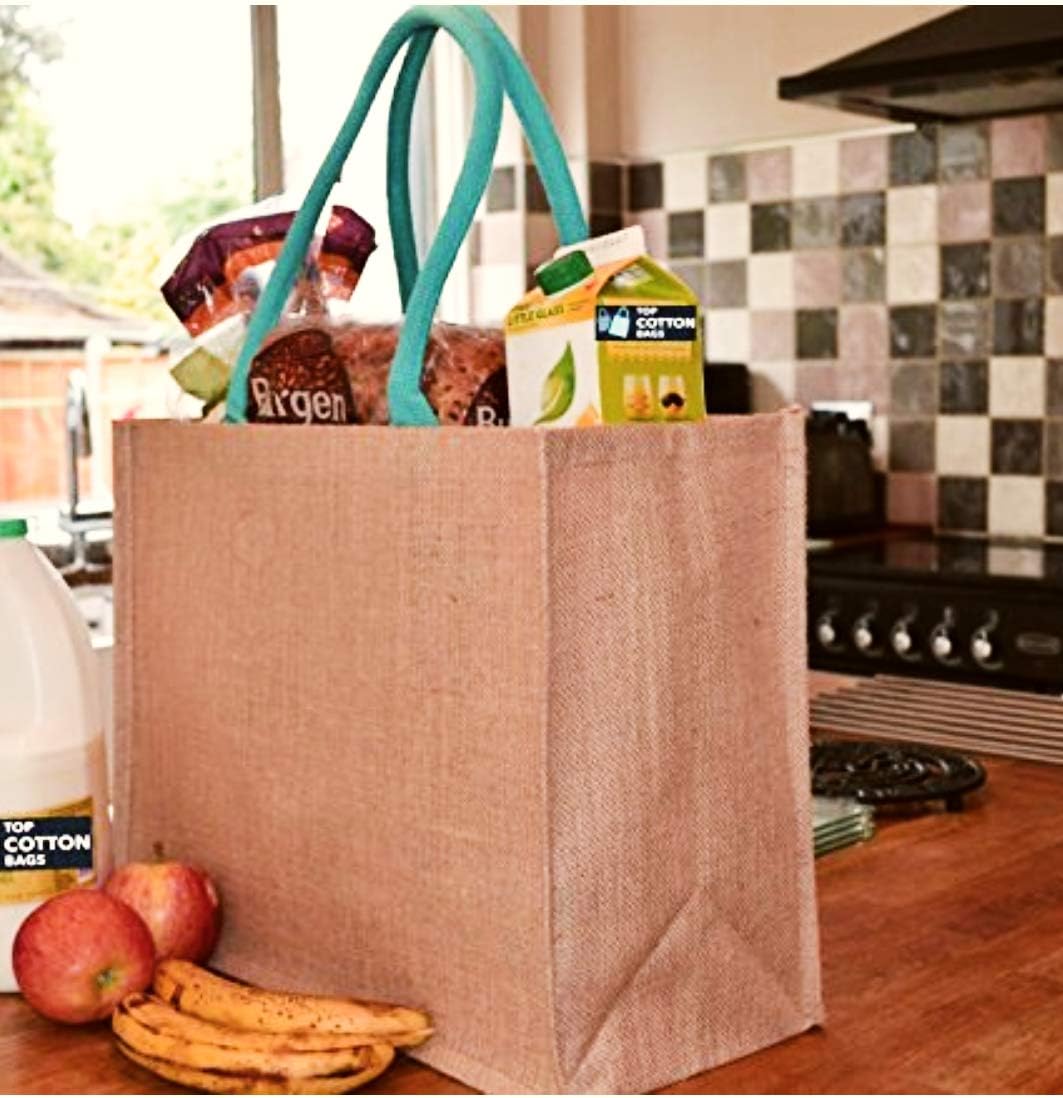 Jute Hessian Classic Large Shopping Bag. Plastic Laminated. 100% Waterproof. Cotton Corded Handles. Size : 42cm x 33cm x 19cm. Capacity : 21 litres. Five Colours Available. (Blue)