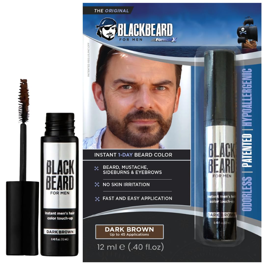 Blackbeard for Men Facial Hair Color Touch Up Brush - Temporary 1-Day Tint for Gray Coverage on Moustache, Sideburns and Brows, Waterproof Hypoallergenic Dye Alternative (Dark Brown)