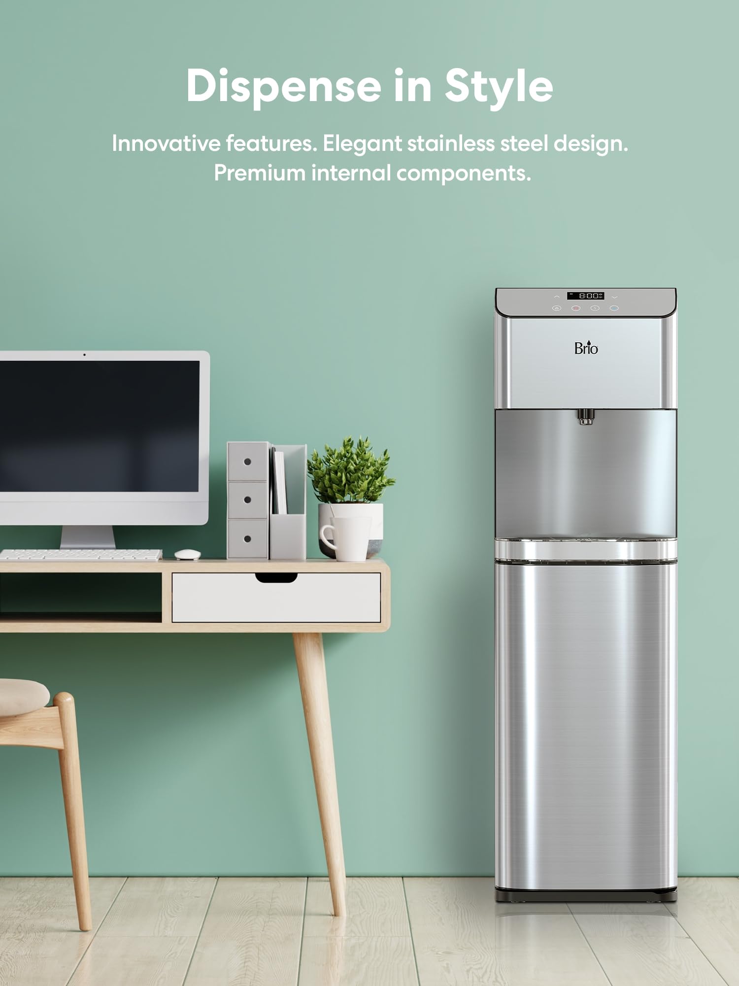 Brio Moderna Self Cleaning Bottleless Water Cooler Dispenser with Filtration – Adjustable Temperature – Digital Clock – LED Nightlight – Tri Temp Hot, Cold, and Room