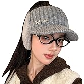 MIFULGOO Open Beanie with Earflap Visor Brim Bill Winter Golf Driving Ponytail Hats Women