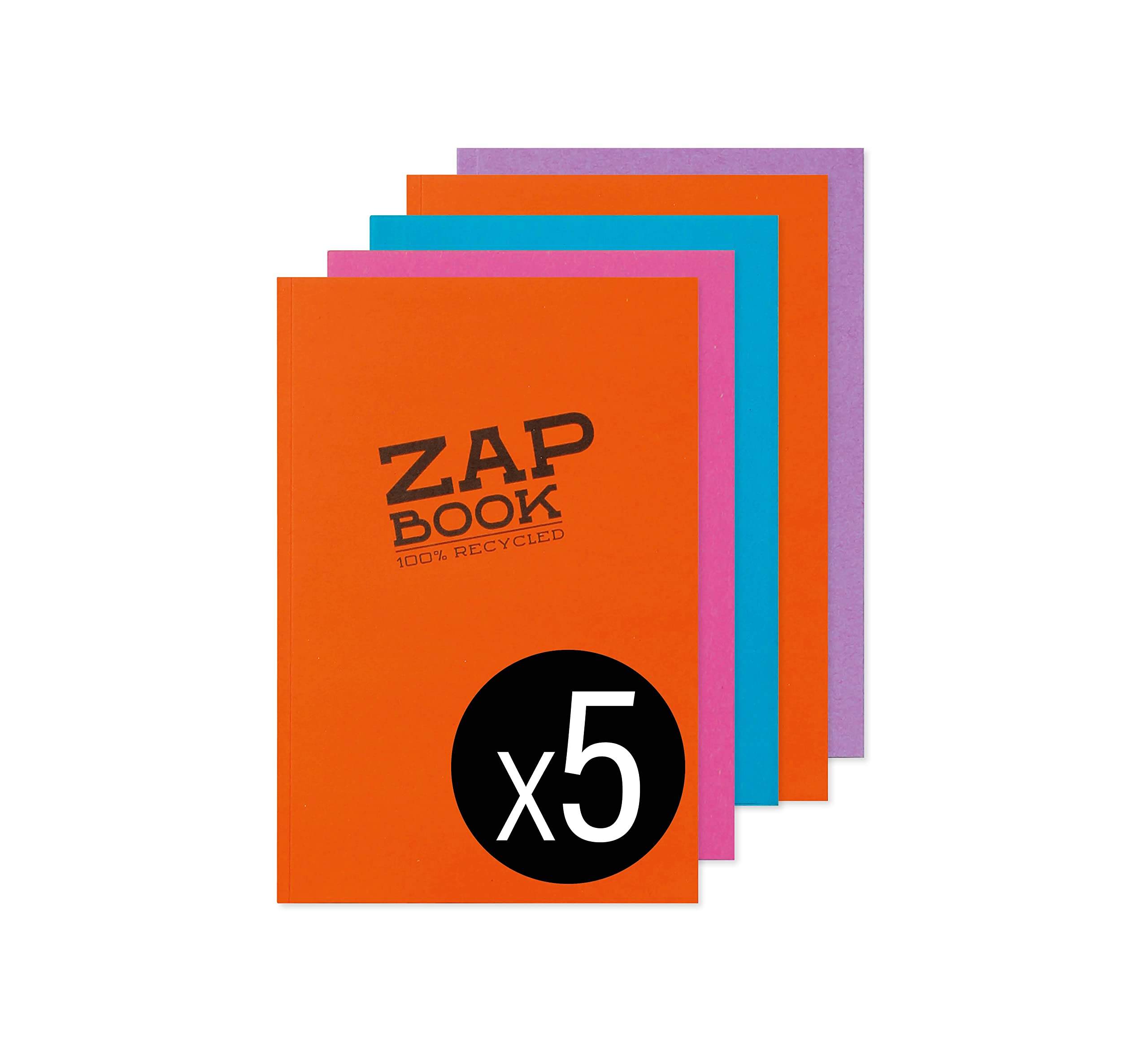 Clairefontaine 3358C Carnet Encollé Zap Book - 160 Feuilles Papier Croquis 100% Recyclé - A5 14,8x21 cm 80g - Couleurs de Couverture ass Aléatoires - Paquet de 5 carnets