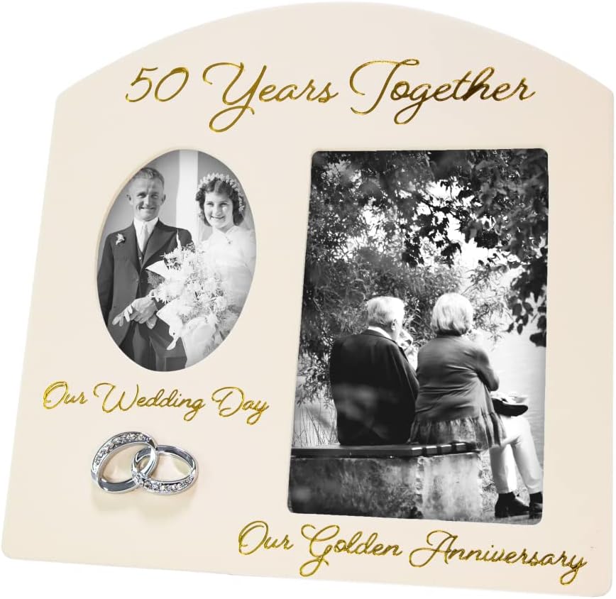 Photographs - Haysom Interiors Contemporary 50 Years Together Then and Now Golden Anniversary Light Beige Frame with Double Silver Rings | Beautiful 50th Anniversary Picture Frame