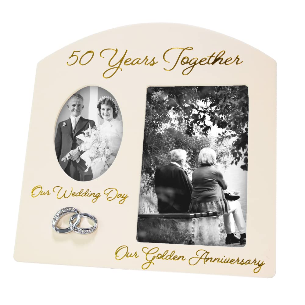 Haysom Interiors Contemporary 50 Years Together Then and Now Golden Anniversary Light Beige Frame with Double Silver Rings | Beautiful 50th Anniversary Picture Frame