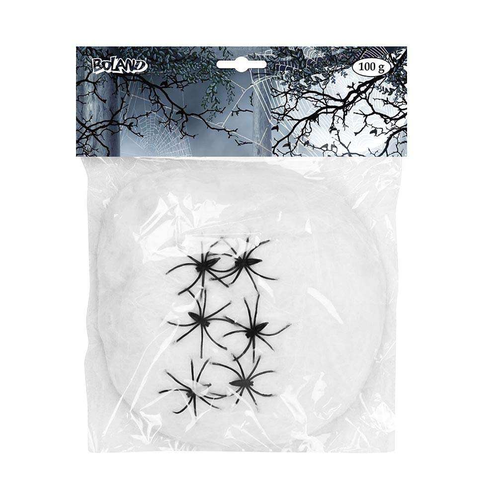 Boland 29309 Decorative Cobwebs (100 g) with 6 Spiders, White, M (100g, 74416