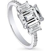 BERRICLE Sterling Silver 3-Stone Promise Wedding Engagement Rings for Her, 2.1 Carat Step Emerald Cut Cubic Zirconia CZ Ring