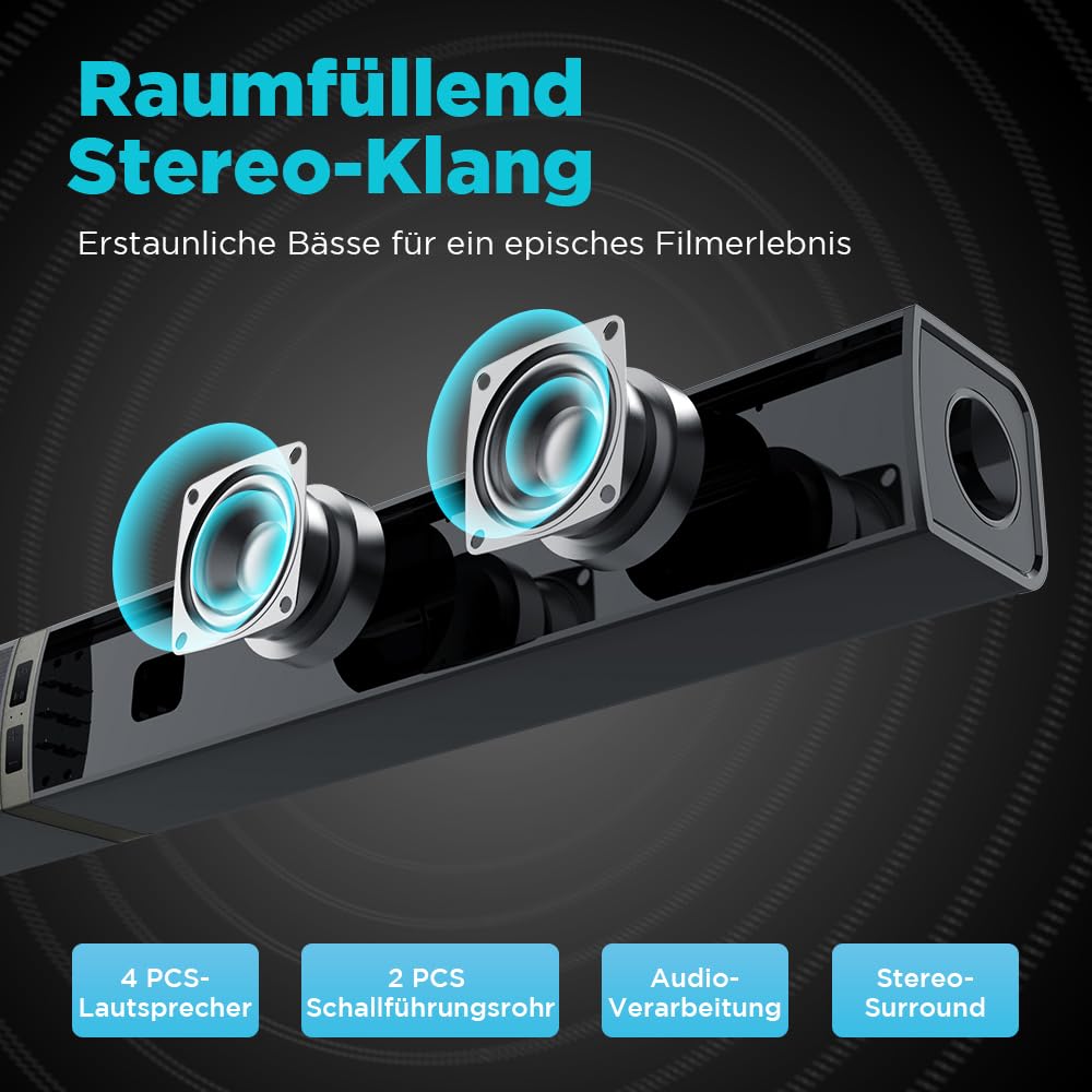 HoYLluDLL 2.0-Kanal Soundbar für TV Geräte, 32 Zoll Teilbare 2-in-1 Soundbar für TV Soundbar Bluetooth mit 3 EQ-Modi und 3D Surround Sound, TV Lautsprecher Soundbars mit ARC/Optisch/Aux, 1pcs 4