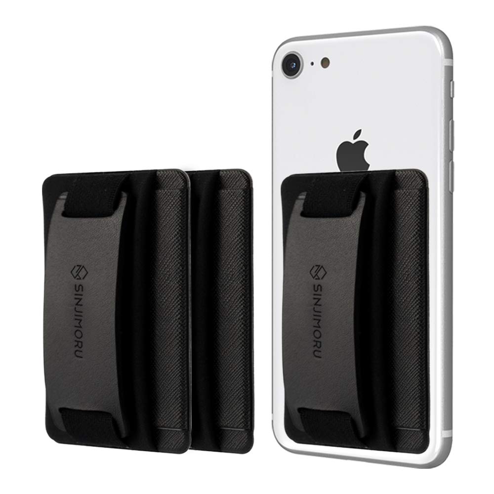 Sinjimoru Phone Grip Card Holder with Phone Stand, Secure Stick on Wallet for iPhone with Kickstand for Table. Sinji Pouch B-Grip Black [3 Pack]