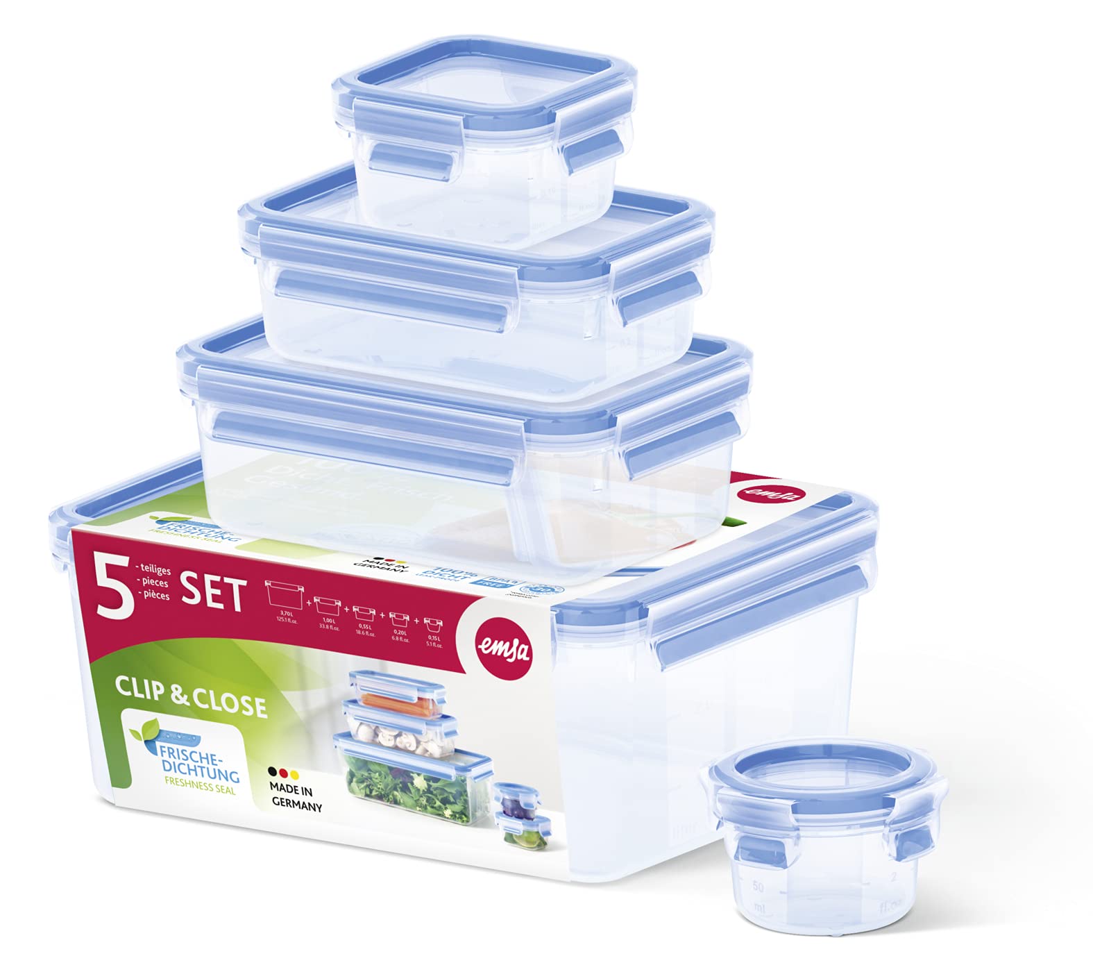EMSA 512753 Clip & Close 5 piece set of storage boxes, various sizes, transparent/blue