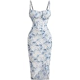 Milumia Women's Floral Spaghetti Strap Corset Dress Sleeveless Split Hem Bodycon Midi Dresses