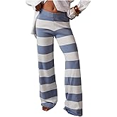 Milumia Women's Colorblock Striped Wide Leg Lounge Pants Elastic Low Waist Casual Long Trousers
