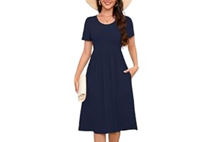Heymoments Women's Casual Short Sleeve Midi Dress Crewneck A Line Tiered Flowy Loose Travel Long Summer Dresses with Pockets