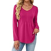 JUSTFASHIONNOW Long Sleeve Shirts for Women Dressy Casual Blouses Fall Tops Pleated V Neck Tunic Tops to Wear with Leggings