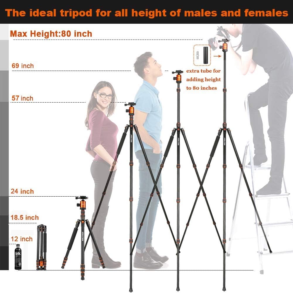 Joilcan 80-inch Tripod for Camera, Aluminum Tripod for DSLR, Monopod, Lightweight Tripod with 360 Degree Ball Head Stable for Travel and Work 18.5"-80", 19lb Load (Orange) : Camera & Photo