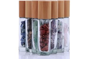 FURNIDO 10ml Roll On Bottle For Essential Oils,10 Pack Clear Glass Roller Bottles With Natural Crystal Gemstone Roller Balls Top,Bamboo Lid,Thick Glass Essential Oil Bottles-Healing Crystal Chips Inside