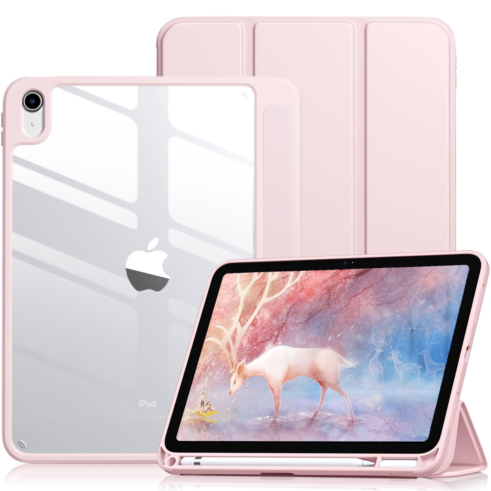 Vobafe Case for iPad (A16) 11th Generation 11 Inch 2025/iPad 10th Generation 10.9 Inch 2022 with Pencil Holder, PC Clear Back Cover, Slim Trifold Stand Case Supports Auto Wake/Sleep, RosePink — image 1