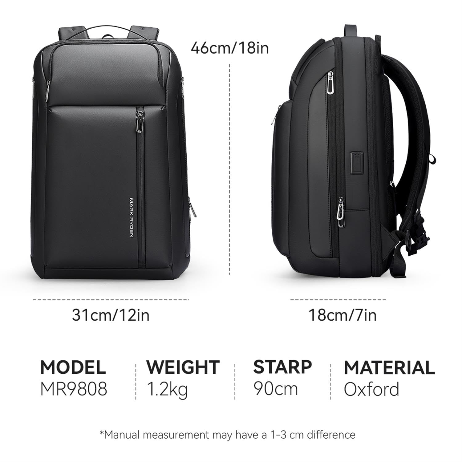 MARK RYDEN Erweiterbarer 25L-35L Große Kapazität Business Rucksack Herren, 15.6 Zoll Laptop Rucksack mit USB-C, 45x30x18 Reiserucksack für Städtetrips und Kurzurlaube - Schwarz 2