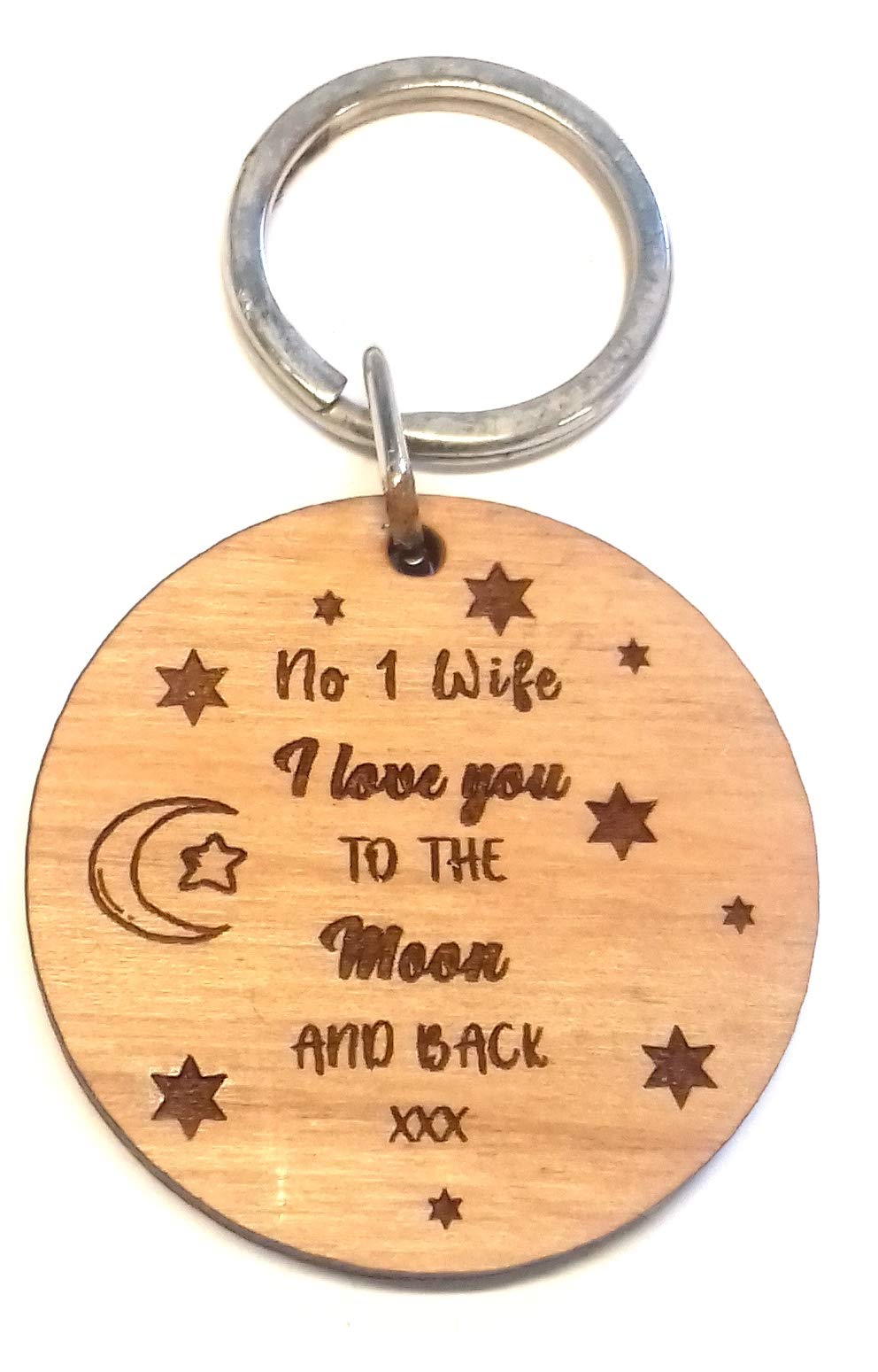 No 1 Wife I Love You to The Moon and Back Round Wooden Keyring Key Ring Novelty Gifts Present Valentines Day Keepsake from Husband