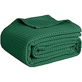 100% Cotton Blankets Queen Size for Bed - Waffle Weave Blankets for Summer, Lightweight and Breathable Soft Woven Blanket for Spring, White, 90x90 Inches (Dark Green, Throw (50" x 60"))