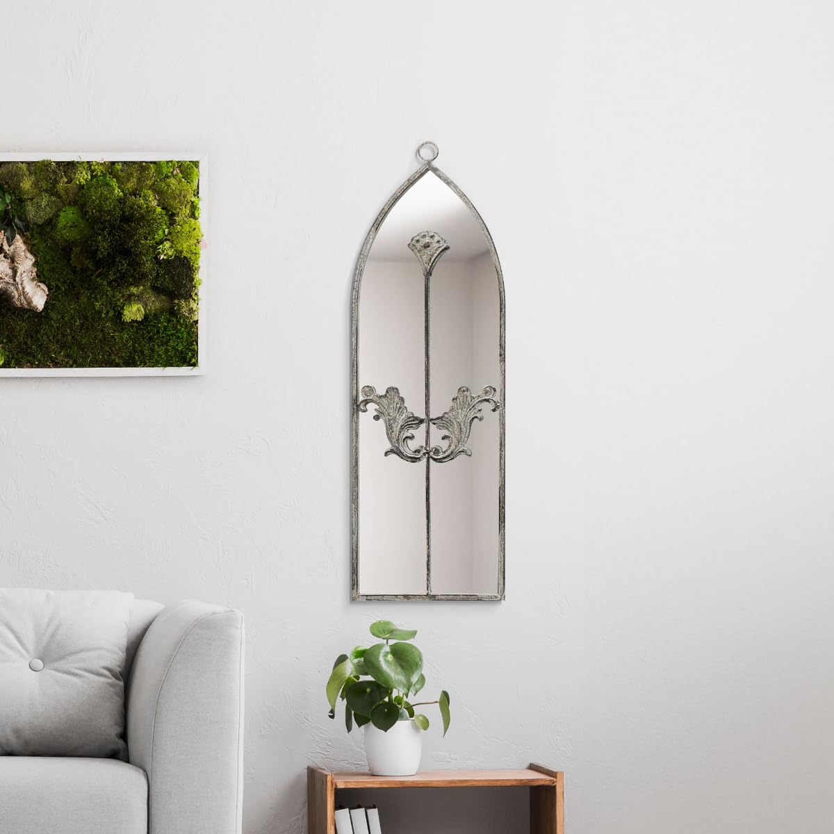 MirrorOutlet The Arcus - Concrete Colour Framed Modern Arched Wall Mirror 24" X 8" (60CM X 20CM) Silver Mirror Glass with Black All weather Backing.