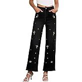 Sidefeel Women's Straight Leg Embroidered Jeans High Waisted Stretchy Wide Leg Denim Pants