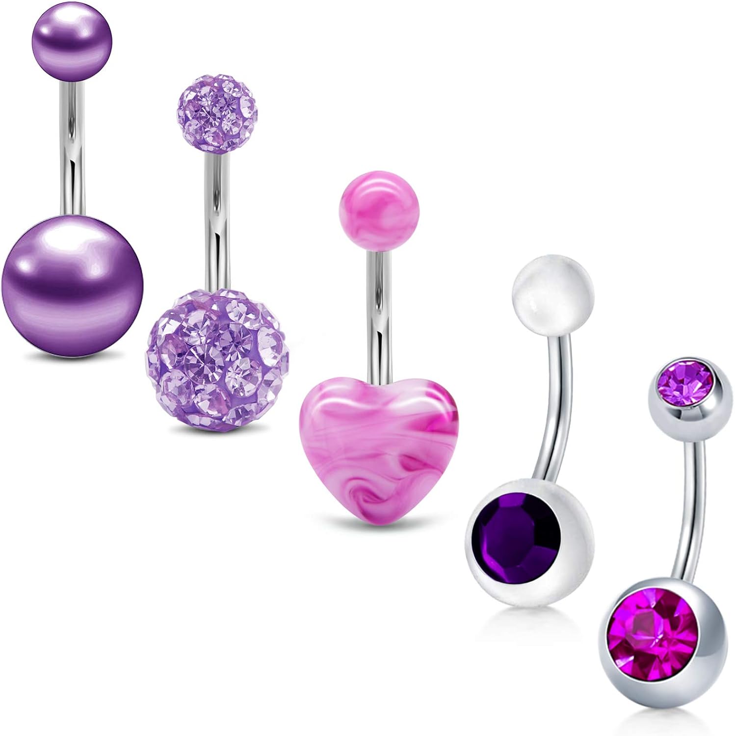 14G 5PCS Purple Belly Bar 10mm Women Girls Stainless Steel Belly Navel Rings Belly Button Rings