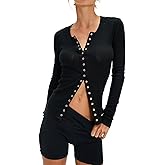 Womens Button Front Closure Fitted Stretchy Long Sleeve Waffle Cardigan Shirts Y2k Going Out Cute Crop Tops