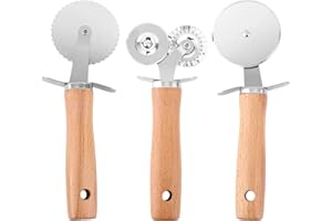 3pcs Double Wheel Pastry Cutter, Professional Pizza Cutter with Wood Handle Stainless Steel Kitchen Baking Tool for Spaghetti