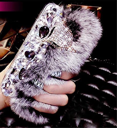 iPhone 7 Plus Case,Yomanic New Design Fashion Super Bling TPU and Big Bling Fox Diamond Rabbit Furry Case for iPhone 7 Plus 5.5inch Anti-scratch Shockproof Winter Case (Gray)