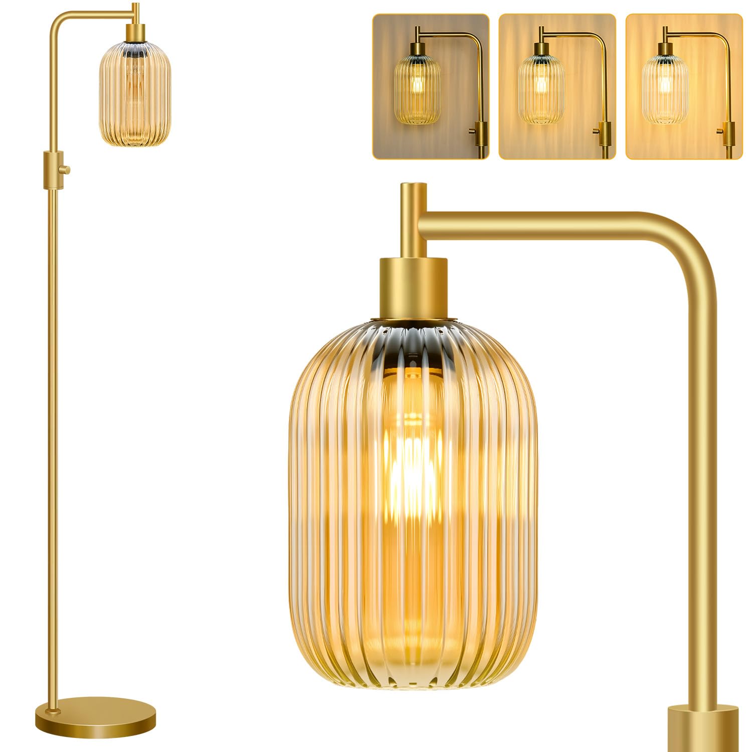 Photo 1 of ?Upgraded? Dimmable Glass Floor Lamp for Living Room, Modern Gold Standing Lamp with Amber Ribbed Glass Lampshade & Knob Dimmer, Arc Tall Lamp for Bedroom Office Reading Room, 2700K Led Bulb Included