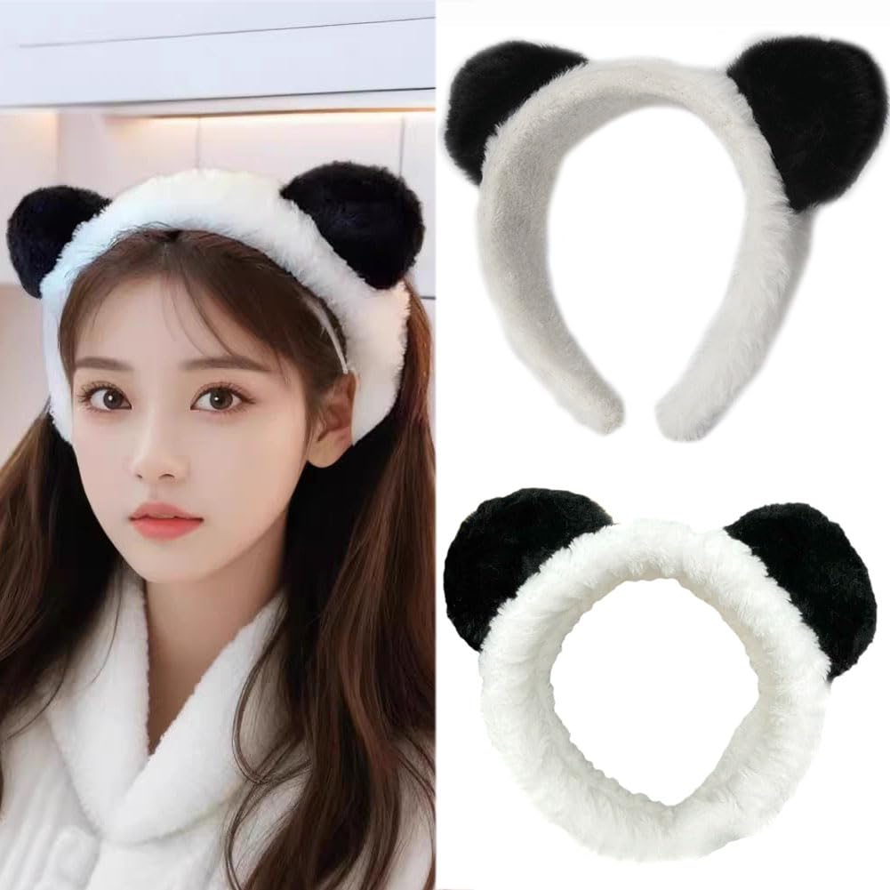 Panda Ears Headband and Hair Hoop Sets Cute Coral Fleece Elastic Hairband Washing Face Spa Mask Hair Wraps Beauty Skincare Animal Headband for Girls Women