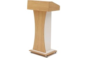 Xibolai Mobile Wooden Podium Stand with Lockable Wheels Modern Presentation Blockboard Lectern Oak Color with Storage Shelves