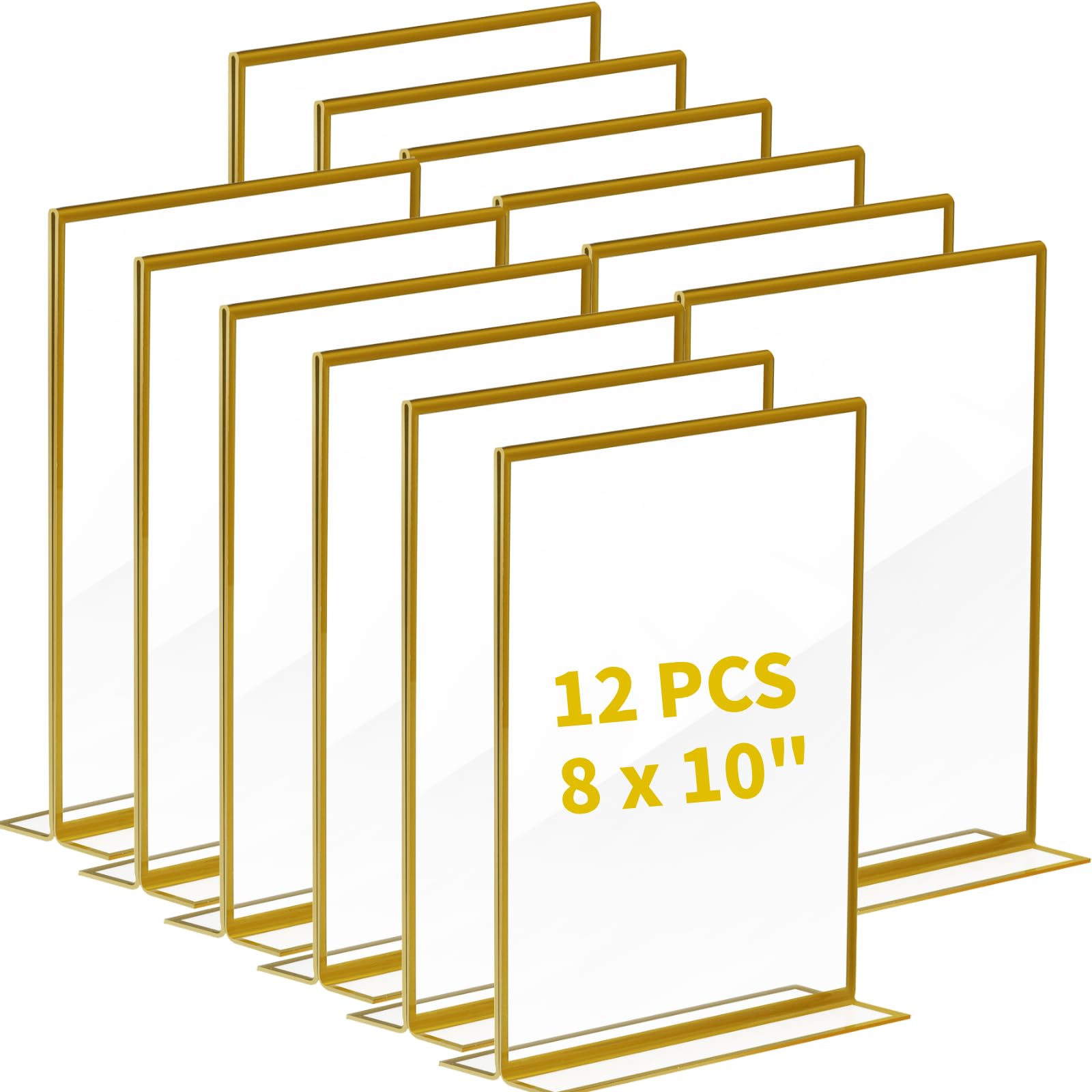 Photo 1 of Tcevily 12 Pcs 8 x 10 Inch Gold Acrylic Sign Holder, Double Sided Picture Frames Clear Wedding Table Number Signs Holders for Restaurant Office Home ? (8 x 10 Inch)