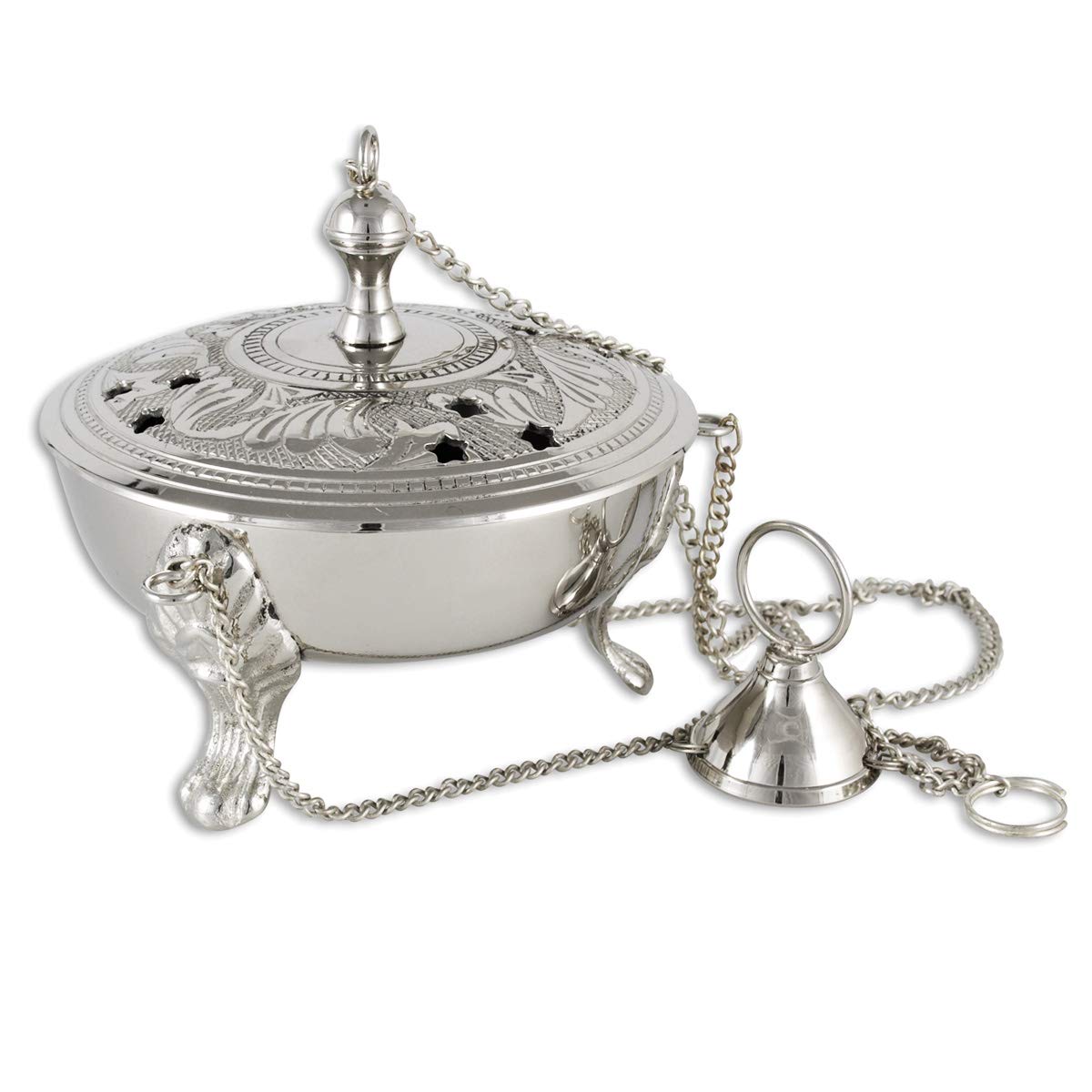 NKLaus incense burner Ø 12cm brass nickel plated chain 25cm long incense 2226