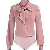 Kate Kasin Women Bow Tie Neck Office Blouse Button Down Long Sleeve Bodysuits Blouse Top