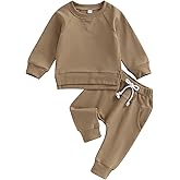 Lukivech Toddler Baby Boy Girl Fall Winter Outfit Basic Solid Color Crewneck Long Sleeve Sweatshirt Top Jogger Pants Set