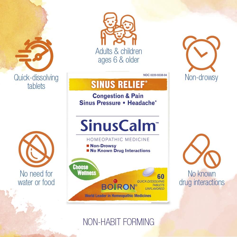 Boiron Sinuscalm Sinus Relief Medicine, Tablets for Runny Nose, Congestion, Sinus Pressure, Headache, 60 Tablets, Non-Drowsy, 60 Count: Health & Personal Care