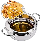 EAMATE Tempura Fry Pot, Stainless Steel Tempura Deep Fryer with Thermometer, 8 Inches, Mini Size Perfect for 2-3 People