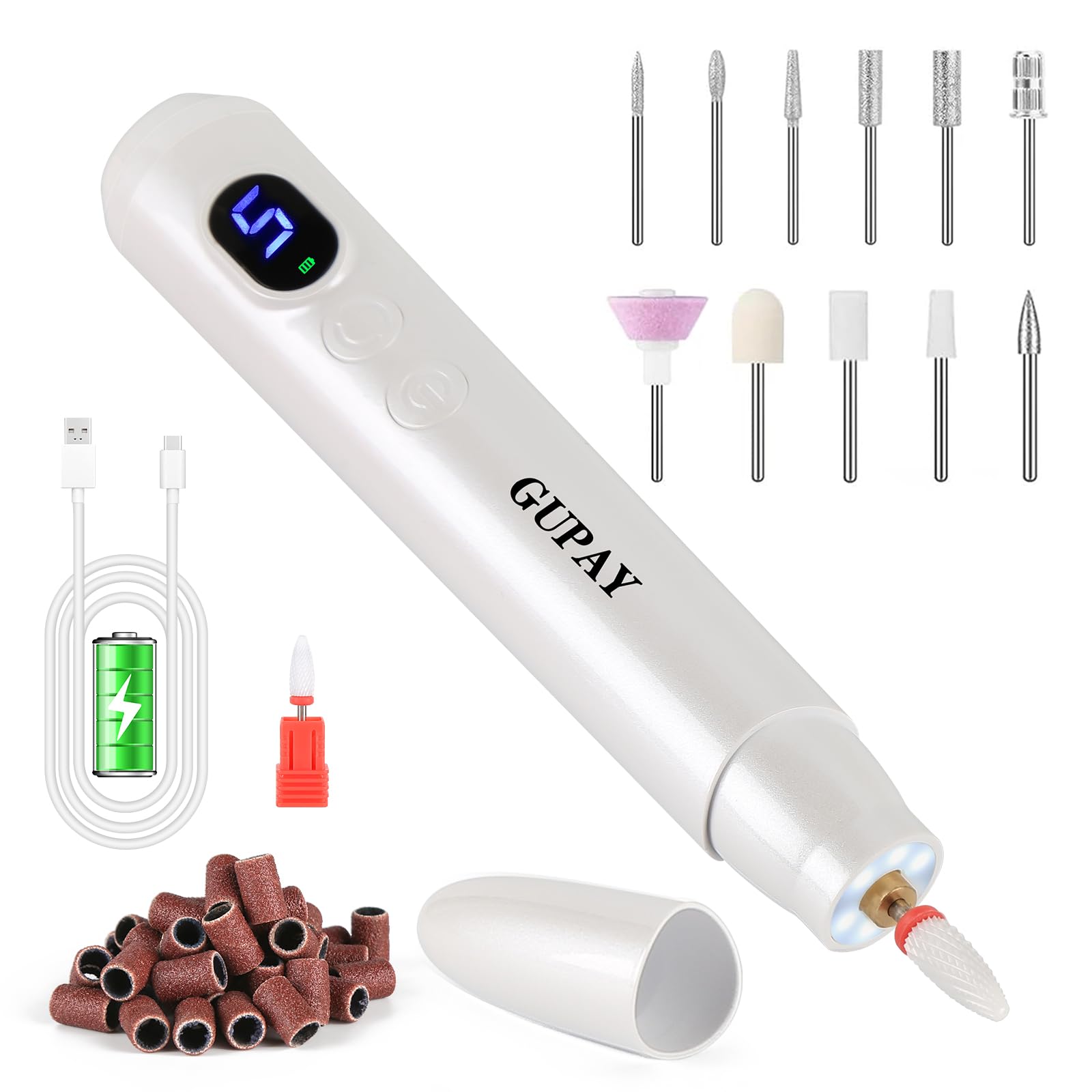 GUPAY Cordless Electric Nail Files, Professional Nail Drill Machine for Acrylic Nails Gel with 5 Adjustable Speed, Portable E File Manicure Pedicure Gifts for Girl Women Beginners (White)