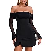 HTZMO Women Long Sleeve Sexy Off Shoulder Bodycon Mini Dress Ruched Side Slit Homecoming Going Out Party Short Dresses