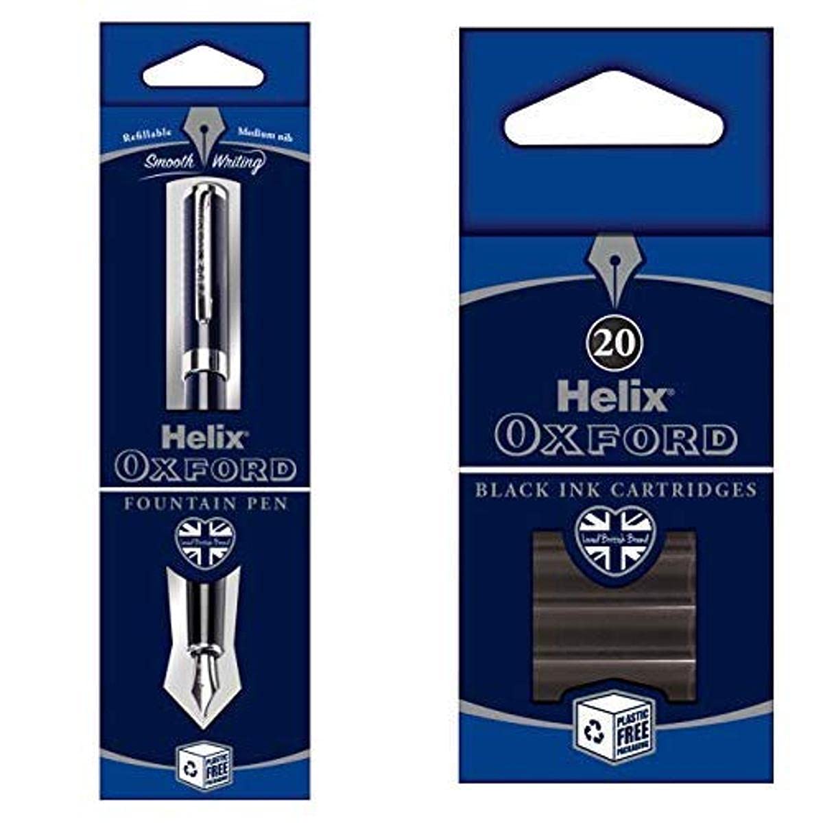 Helix Oxford Fountain Pen (Oxford Blue) with x20 pack of Black Ink Cartridges