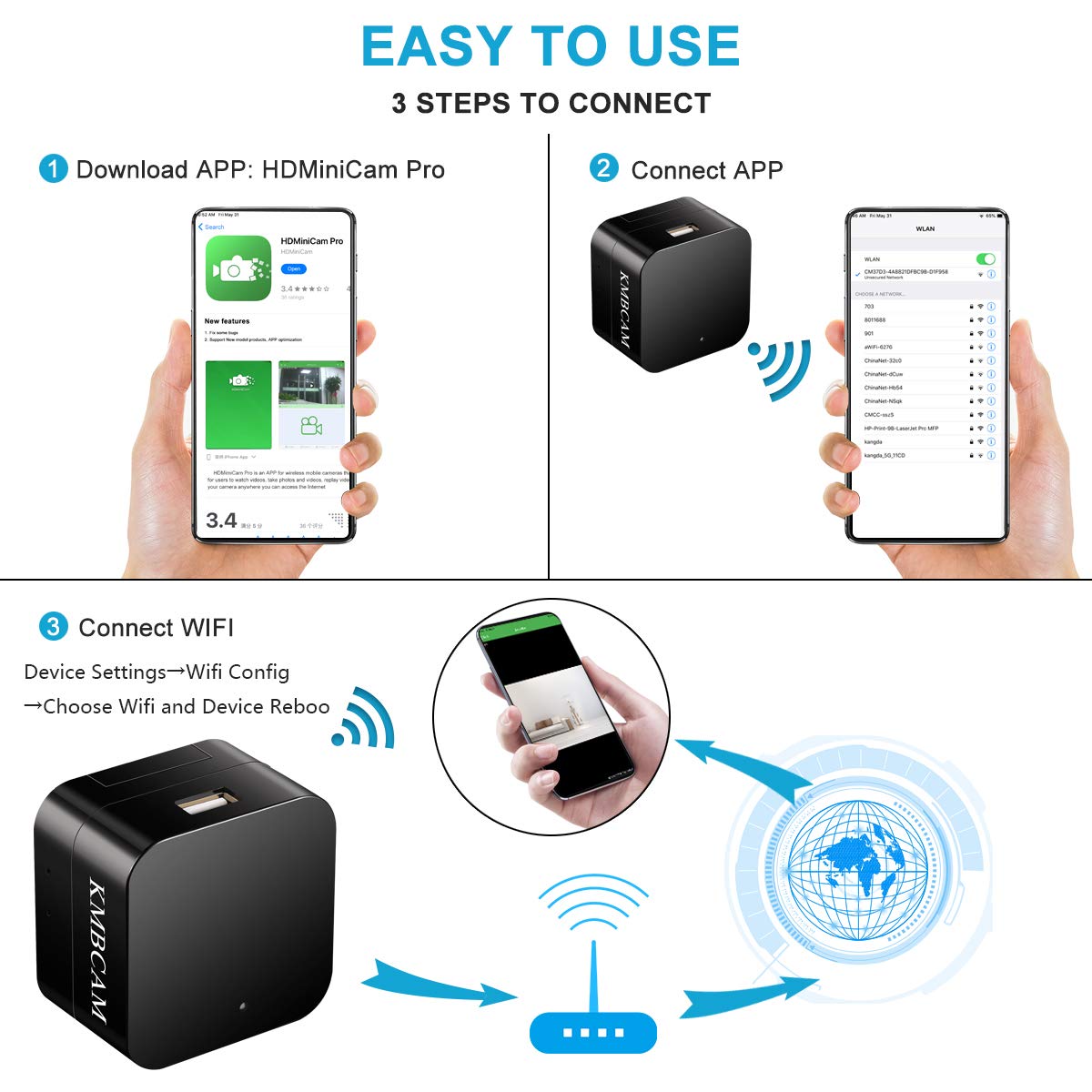 KMBCAM Spy Hidden Camera Wireless Home Charger Cam with App 1080P Nanny Cam No Audio Night Vision Motion Activated for Pet Security Cam Support 129G SD