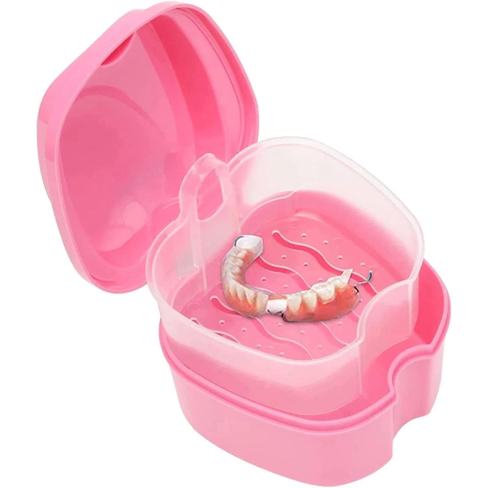 Aczyqws Denture Bath Case Portable Orthodontic Dental Retainer Box False Teeth Storage Container for Denture, Invisalign, Braces, Mouth Guard Travel Cleaning Retainer False Teeth Container(Pink)