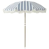 DEER LAND 6FT Striped Fringe Beach Umbrella, Sand Anchor, UPF 50+ Sun Shade | Adjustable Tilt & Portable Design, Coastal Umbr