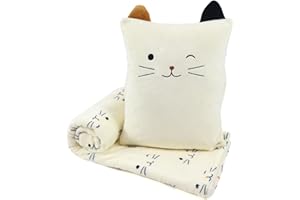 VigorSpring 3-in-1 Cat Travel Blanket and Pillow Set for Kids, Soft Snuggle Pillow with Hand Warmer, 40x60 Inch Cute Cat Blanket, Compact for Travel, Camping, Home and Office