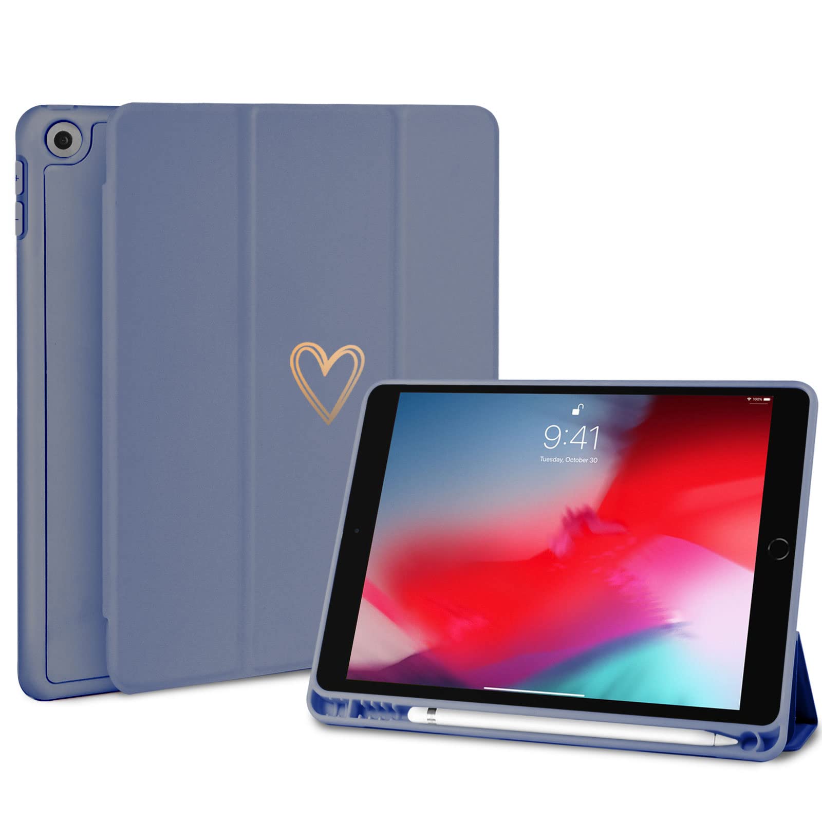 Fycyko Compatible with iPad 10.2 Inch Case, iPad 9th/8th/7th Generation 2021/2020/2019 Case with Pencil Holder & Tip Cover, Women Girls Heart Pattern Protective Case for iPad 10.2 Inch, Purple