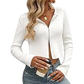 Sumleno Women Y2k Zip Up Cropped Cardigan Sweater Long Sleeve Solid Color Slim Fit Ribbed Knit Tops Trendy Fall Clothes