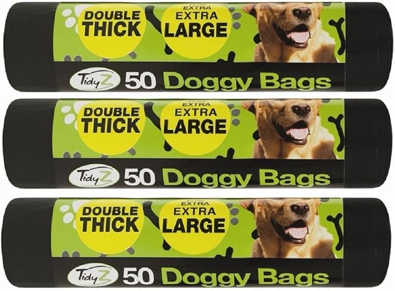 Tidyz Extra Large Dog Waste Bags 150; 3 x 50, Black, With Handles